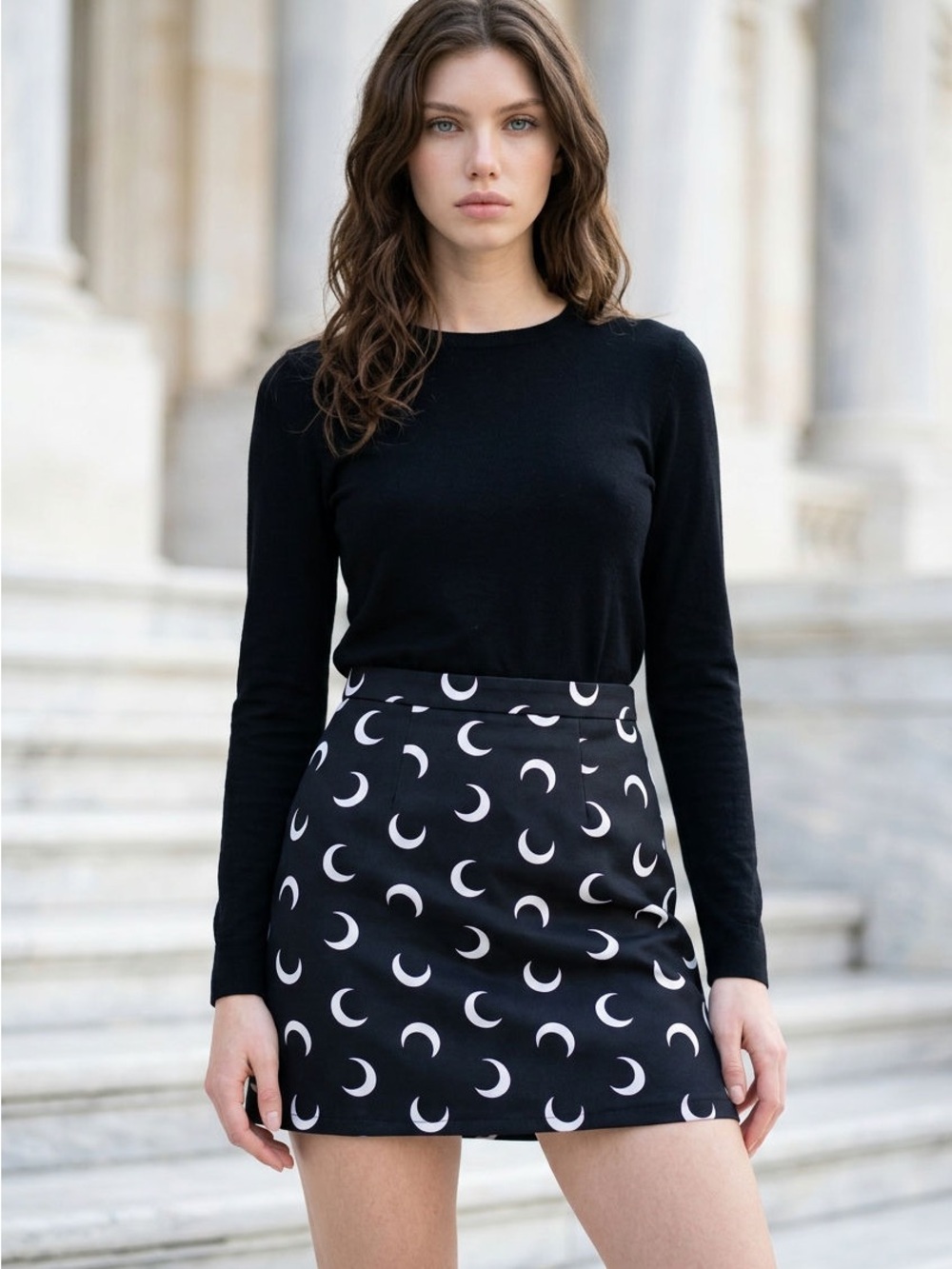 Black Crescent Print Mini Skirt